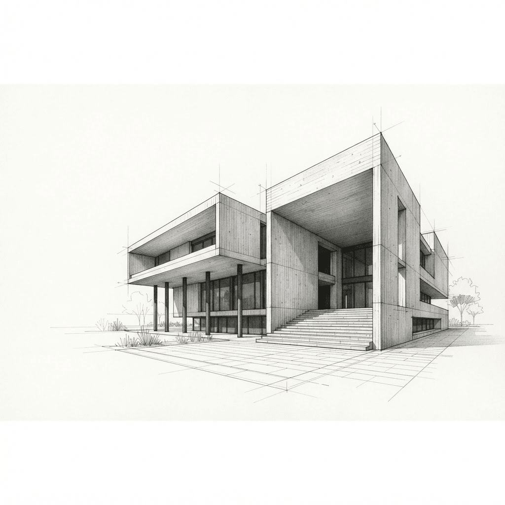 A fine black-and-white architectural drawing of a modernist concrete building with cantilevered volumes and a covered entrance, its setting-out lines extending into surrounding white space.