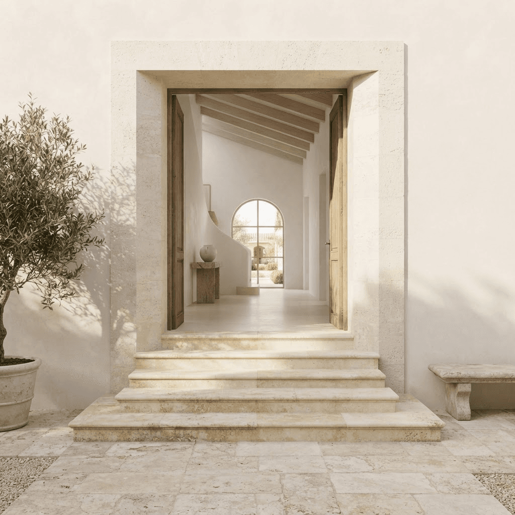 A luminous pale-stone entrance with an open doorway and gentle steps leading into a bright, airy interior in warm daylight.