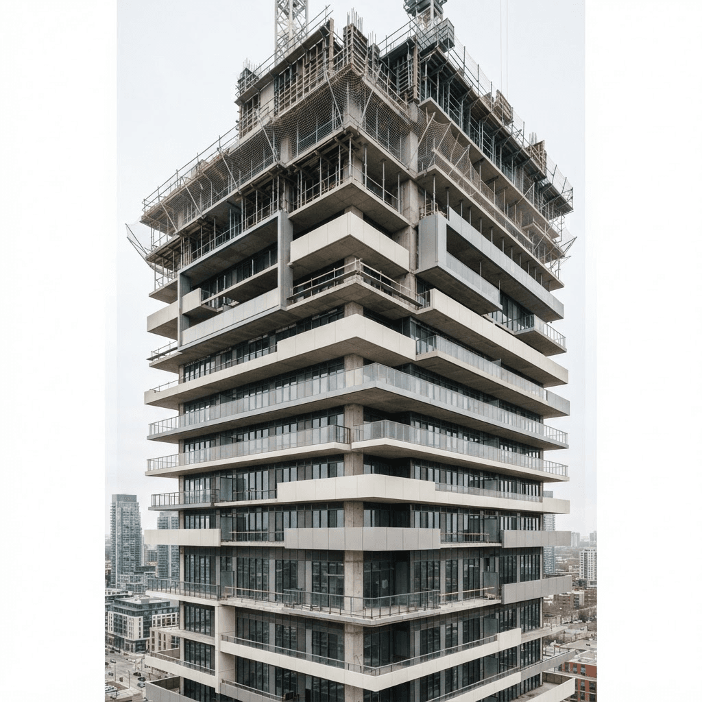 A modern layered tower under construction, its rhythmic floors and balconies rising against a pale sky.