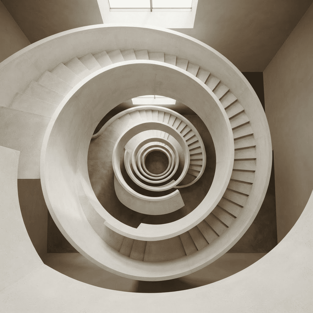 A pale spiral staircase photographed from above, its concentric concrete curves winding inward.