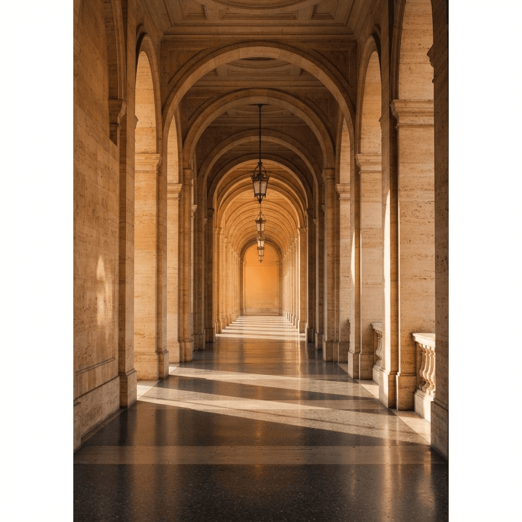 A long stone colonnade of repeating arches receding toward warm golden light at the far end.